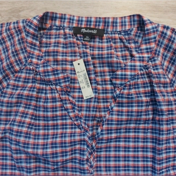 NWT Madewell 3/4 Length Tie-Sleeve Popover Top in Whitby Red White Blue Plaid XL - Picture 5 of 9